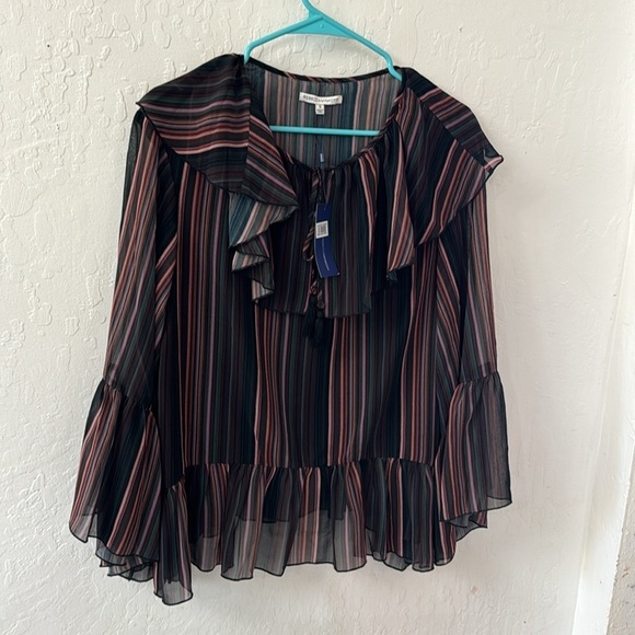 Rebecca Minkoff Patti Striped Multicolor Ruffle Bell Sleeve Tassel Blouse Small - Picture 2 of 5